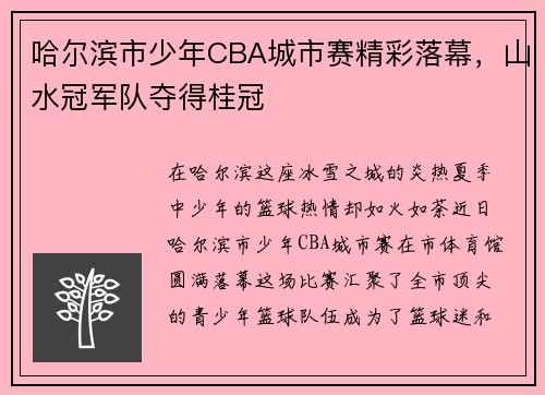 哈尔滨市少年CBA城市赛精彩落幕，山水冠军队夺得桂冠